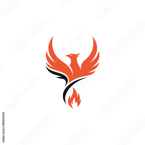 Vibrant orange phoenix bird rises from flames in dynamic motion on white background.