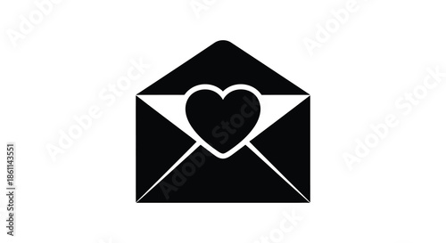 A black envelope with an open flap revealing a heart shape within a striking silhouette