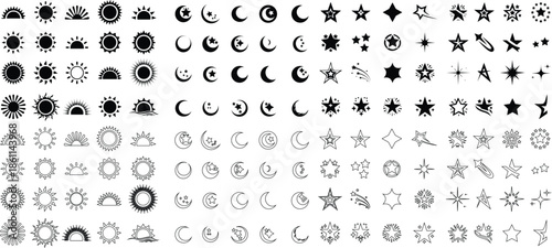 Sun moon and star icon set in flat and line style, celestial symbol silhouette and outline collection with sunshine, crescent, night sky elements, minimal monochrome vector graphic group