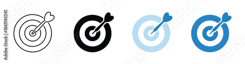 Business Strategy and Success Target Icons, vector illustrations of arrow hitting bullseye representing goal achievement, strategic planning, leadership, and performance metrics