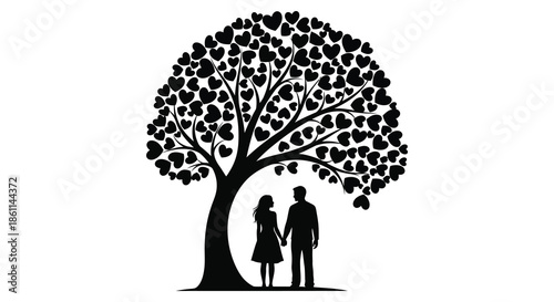 A romantic scene unfolds beneath a tree formed from hearts captured in silhouette