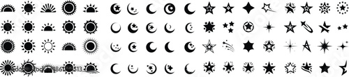 Sun moon and star icon set in flat and line style, celestial symbol silhouette and outline collection with sunshine, crescent, night sky elements, minimal monochrome vector graphic group