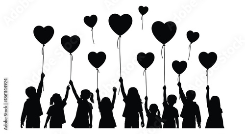 A gathering of people raising heart shaped balloons against a white background silhouette