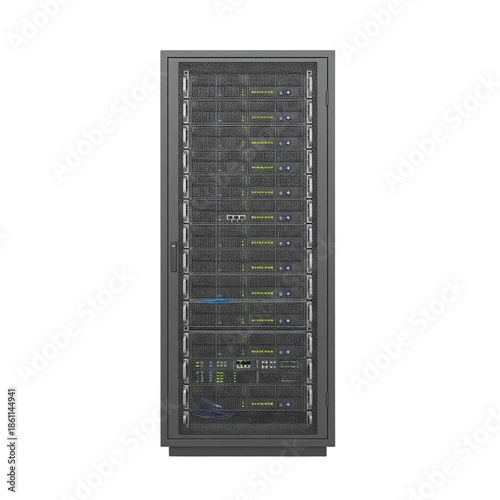 Data center server rack with networking equipment and lights