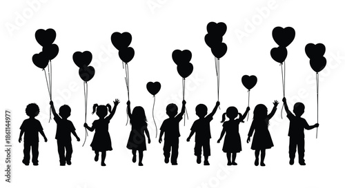 A joyful group of children reaching for heart shaped balloons a charming black silhouette