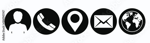 Business Icon Set, black and white vector designs representing company information, contact details, email, website, location, and messaging symbols