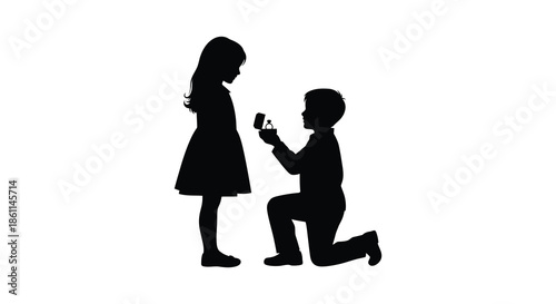 A romantic proposal scene depicting a man kneeling and offering a ring to a woman silhouette