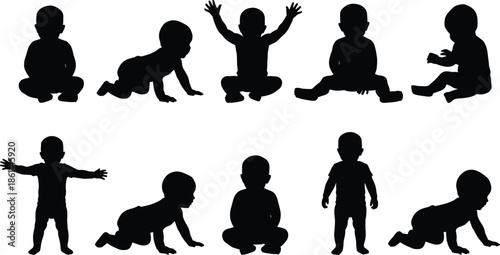 Baby activity silhouette collection showing infant sitting crawling standing playing milestones isolated black vector illustration for early childhood development