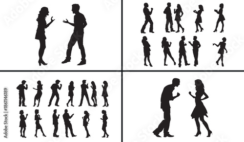 walking people silhouette vector, lifestyle human black silhouettes, casual walking illustration set, daily life outline art, urban vector collection, people icon set, human clipart silhouettes, socia