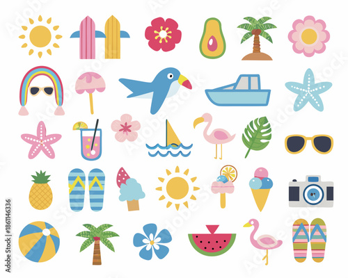 Colorful summer icons featuring suns flowers birds and beach themed illustrations