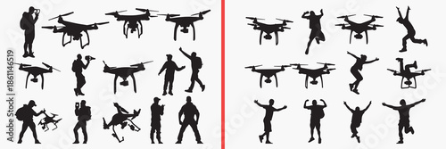 drone silhouette vector, flying drone black silhouettes, aerial technology illustration set, quadcopter outline art, drone vector collection, tech icon set, drone clipart silhouettes, innovation graph