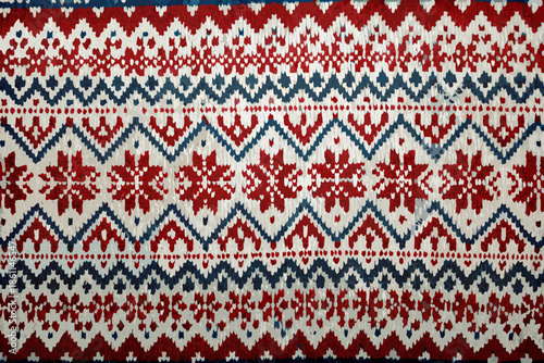 Close up of a knitted fabric featuring a red white and blue pattern