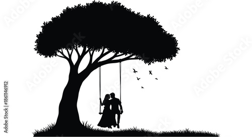 A romantic scene of a couple on a swing beneath a large tree a striking silhouette