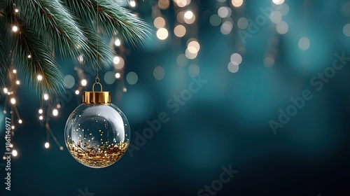 Elegant glass ornament hanging with golden glitter against a soft bokeh background during the holiday season