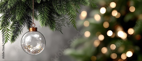 Elegant glass ornament hanging with golden glitter against a soft bokeh background during the holiday season