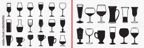 wine glass silhouette vector, drink glass black silhouettes, alcohol beverage illustration set, bar glass outline art, restaurant vector collection, wine icon set, glassware clipart silhouettes, bar g