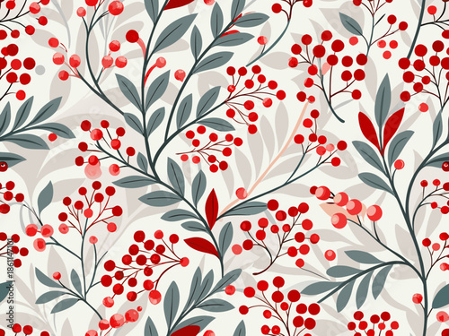 Seamless floral pattern with red berries and delicate gray green leaves