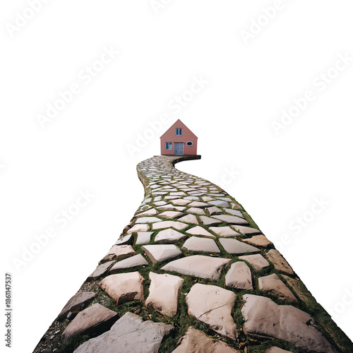 Winding Path Leads to Small House Surrounded by Empty Space at Midday
