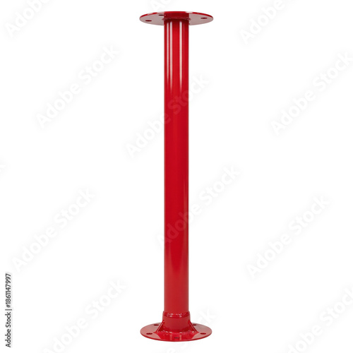 Red metal support pole with circular flanges for playground equipment or gym structure