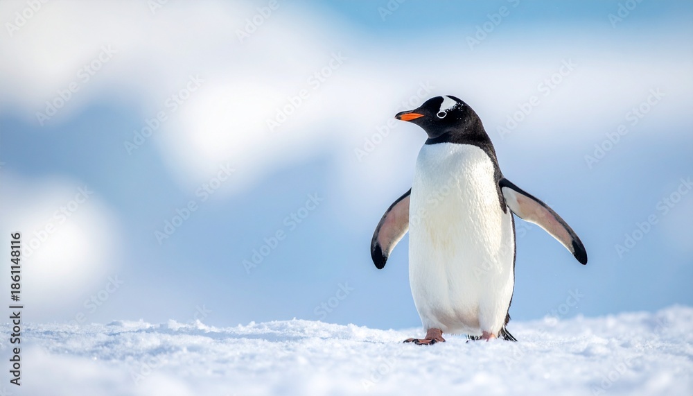 Fototapeta premium A Single Gentoo Penguin Stands Proudly on a Snowy Landscape Under a Bright Blue Sky