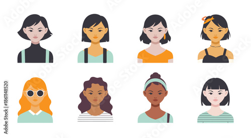 Female Avatars Collection, diverse vector illustrations showing women with different hairstyles, accessories, fashion styles