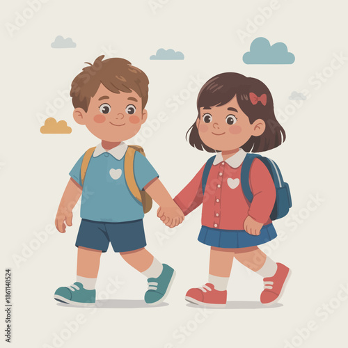 Happy Boy and Girl Going to School – Cartoon Illustration
