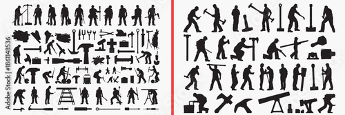 tool usage silhouette vector, human work black silhouettes, handyman activity illustration set, repair work outline art, maintenance vector collection, tool icon set, worker clipart silhouettes, repai