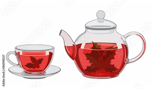 Festive glass teapot and teacup with red berry holiday tea vector illustration
