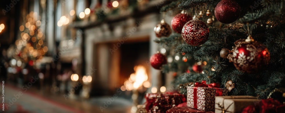 custom made wallpaper toronto digitalCozy Christmas tree scene with red ornaments and gift boxes by a warm fireplace