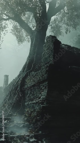 Massive ancient tree with roots engulfing and growing into crumbling stone walls of ruins, enveloped in a thick, mysterious mist, suggesting forgotten history.