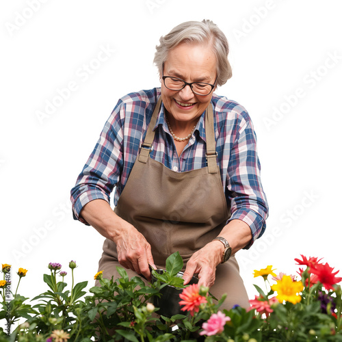 Smiling Woman Tending to Plants in Her Garden While Wearing an Apron and Plai...