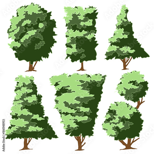 collection of stylized tree illustrations featuring distinct geometric silhouettes and a two-tone green palette. The concept focuses on blending organic nature with structured graphic design, showcasi