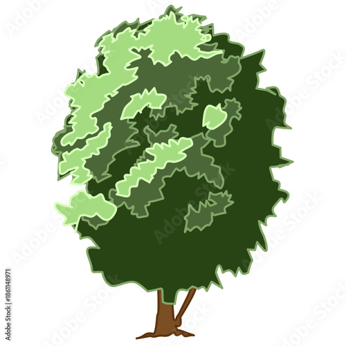 modern flat-vector of an oval-shaped tree with layered green foliage. The concept represents fullness, vitality, and soft natural silhouettes. This design is ideal for general landscaping visuals, par