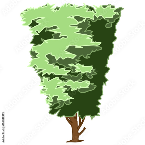 artistic flat-vector illustration of a tree featuring a unique inverted trapezoidal canopy with layered green tones. The concept represents creativity in nature, unique topiary, and artistic gardening