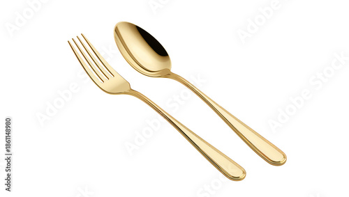 Golden Fork and Spoon Crossed on a Plain Background