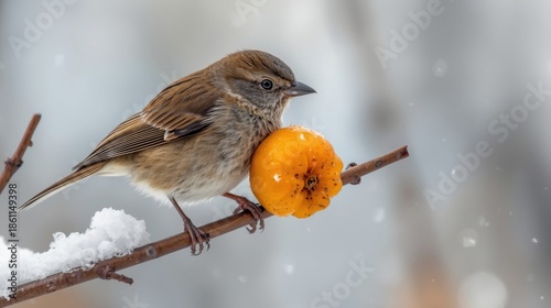 Bird eating fruit in snow