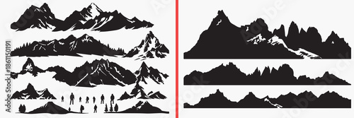 snow mountain silhouette vector, peak landscape black silhouettes, winter mountain illustration set, icy mountain outline art, alpine peak vector collection, mountain icon set, snow clipart silhouette