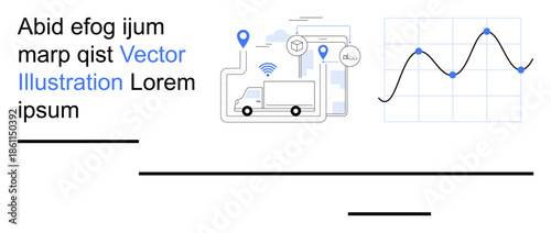 Supply chain, data visualization, logistics tracking, geolocation, transportation network, smart technology. Delivery truck with location markers and line graph. Logistics tracking and data