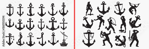 anchor silhouette vector, nautical anchor black silhouettes, marine symbol illustration set, ship anchor outline art, maritime vector collection, sea anchor icon set, anchor clipart silhouettes, nauti