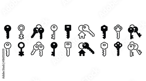 Key Icon Set Stock Vector, Vintage Old Key Silhouettes for Access, Security, Password Protection and House Key Design