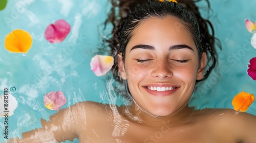 Relaxing woman floats amid colorful flower petals in tranquil water