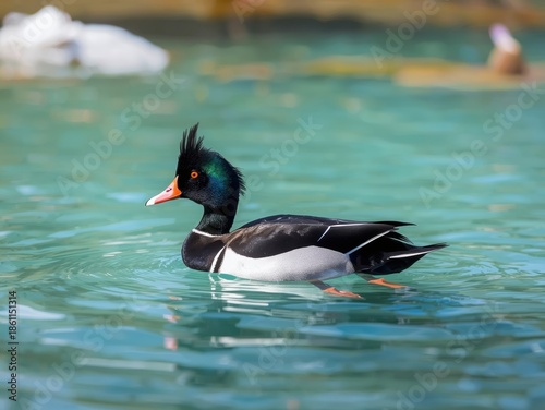 Black-headed duck swimming in clear water