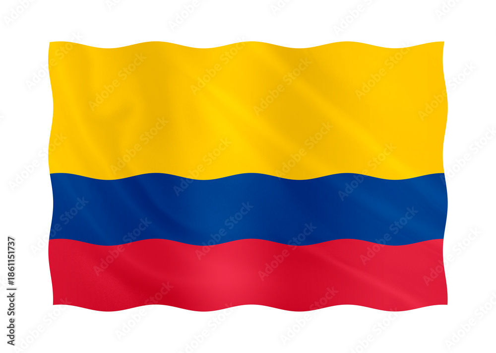 Fototapeta premium Digital composite. Flag of Colombia waving with a fabric overlay. Colombian