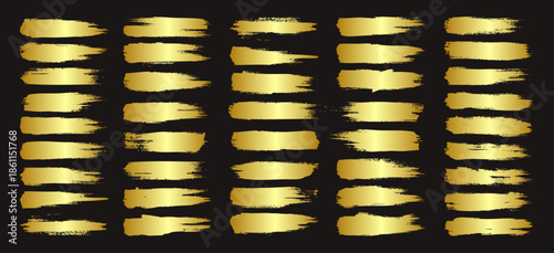 Golden brush strokes, lines, ink smudges, hand-drawn scribble shapes. Handmade sketchy marks, acrylic stains, charcoal streaks. Paint textures, dry brush effect. Marker underline. Vector illustration