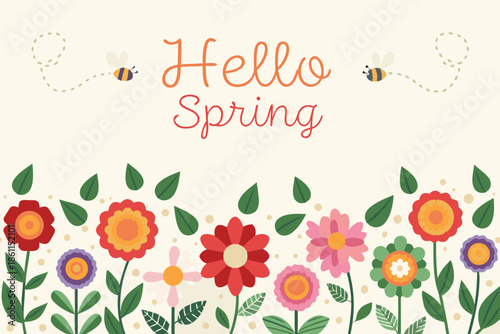 Colorful floral illustration with hello spring text and whimsical flying bees