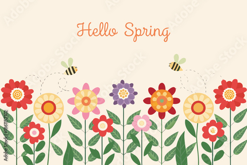 A cheerful spring illustration featuring colorful flowers and buzzing bees