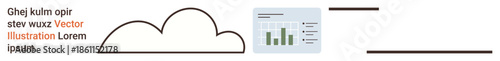 Cloud computing, data analysis, online storage, business intelligence, digital access, information management. A cloud icon next to a data dashboard. Cloud computing and data analysis