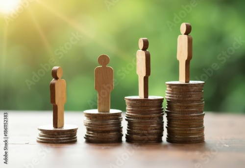 Representation of Wealth Disparity: Wooden Figures on Stacks of Coins Symbolizing Economic Inequality