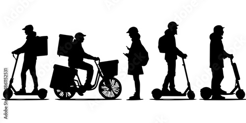Silhouettes of people riding electric scooters and bikes isolated on white background, illustration