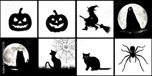 Halloween silhouettes collection - pumpkins, witch, ghost, cat, spider, moon, web isolated on white background, illustration